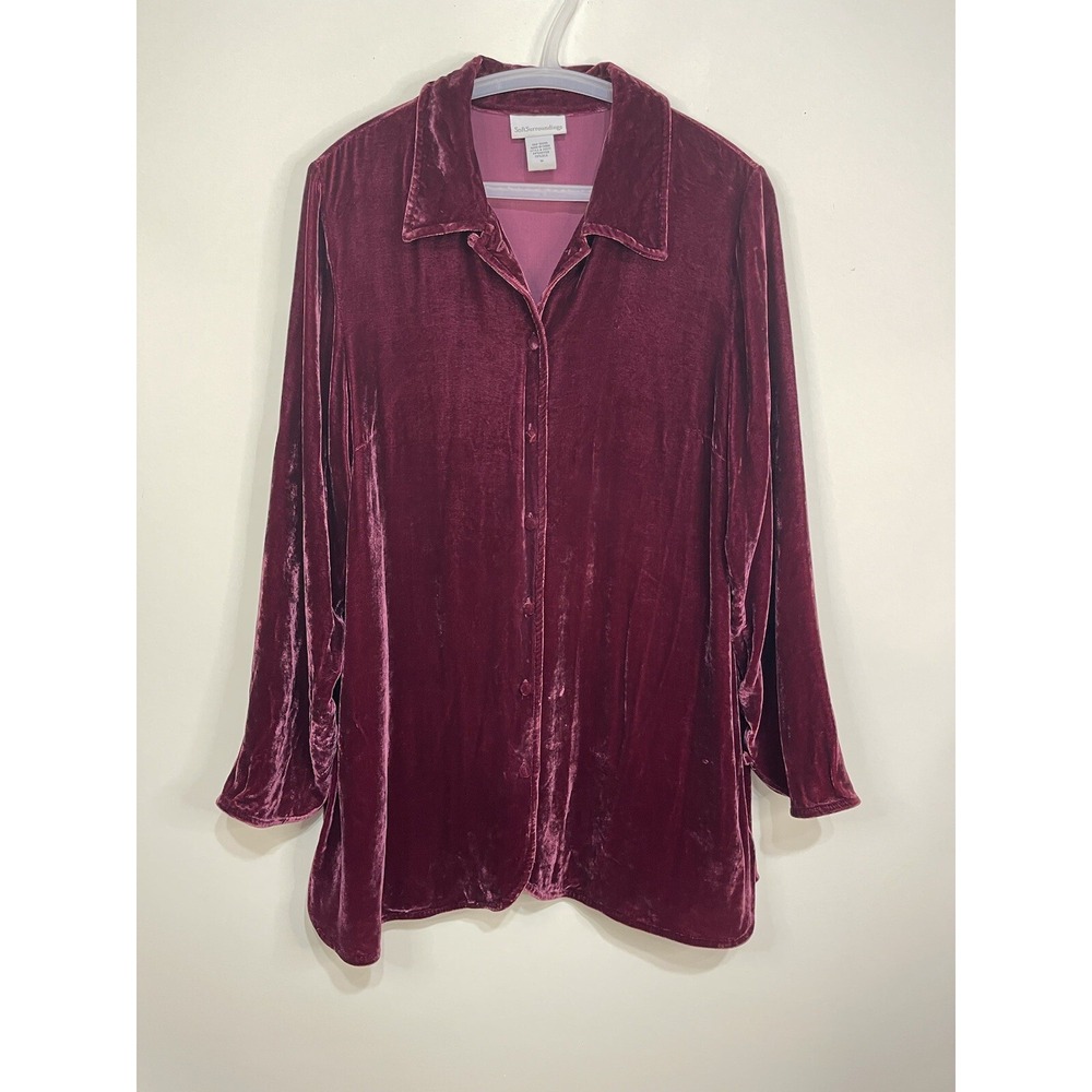 Soft Surroundings Medium Maroon Crushed Velvet Top Button Front Tunic Silk Blend